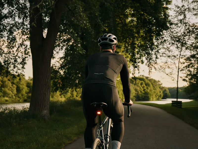 Rowerzysta z tyłu jadący zadrzewioną ścieżką nad rzeką, z miękko świecącą lampką.
